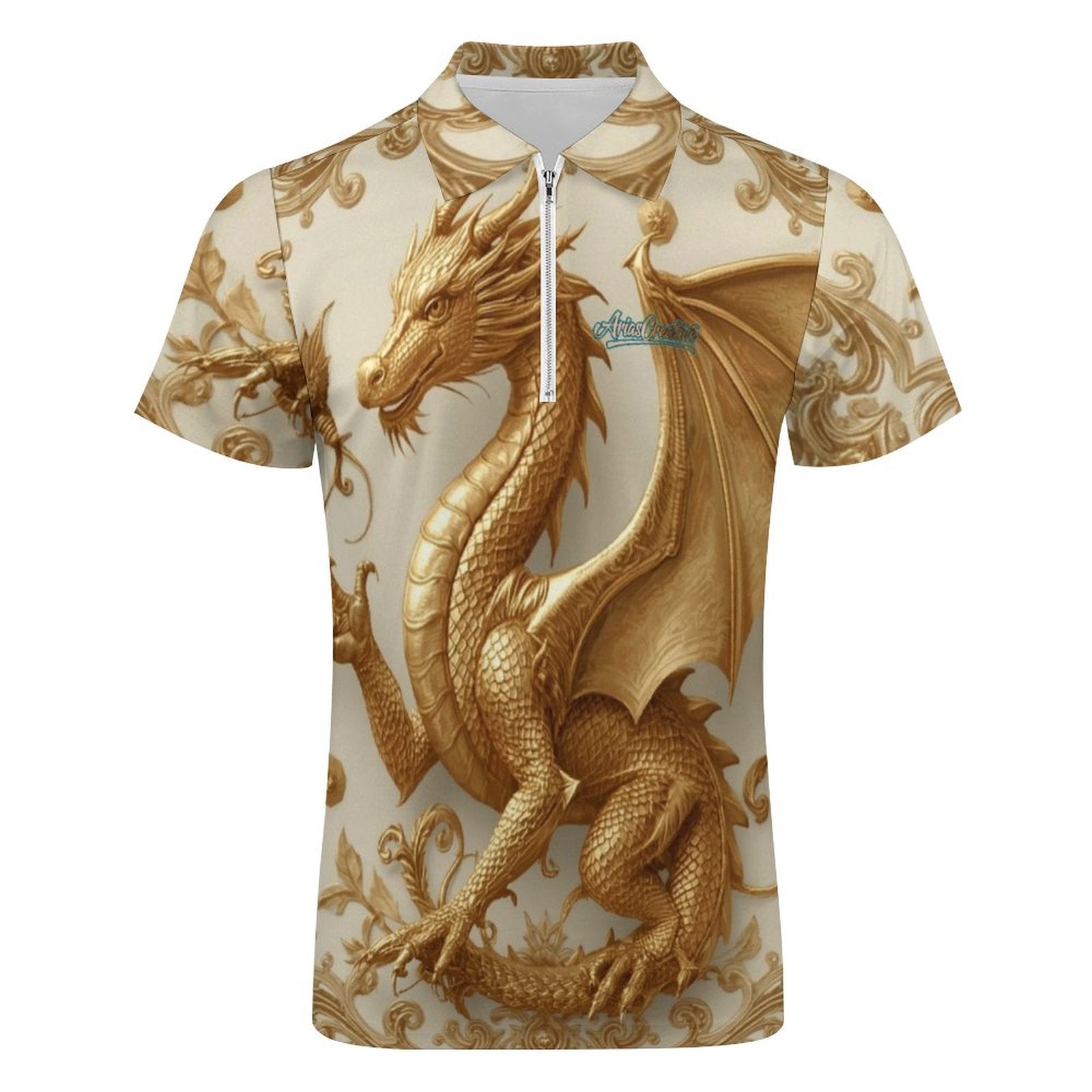 Polo para hombre AriasCreative Premium Golden Baroque Dragon, diseño exclusivo con detalles dorados y patrón barroco.