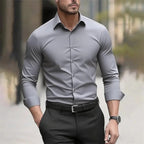 Camisa de hombre de manga larga de fibra de bambú, lisa y cómoda, de la marca AriasCreative, para un estilo elegante y casual.