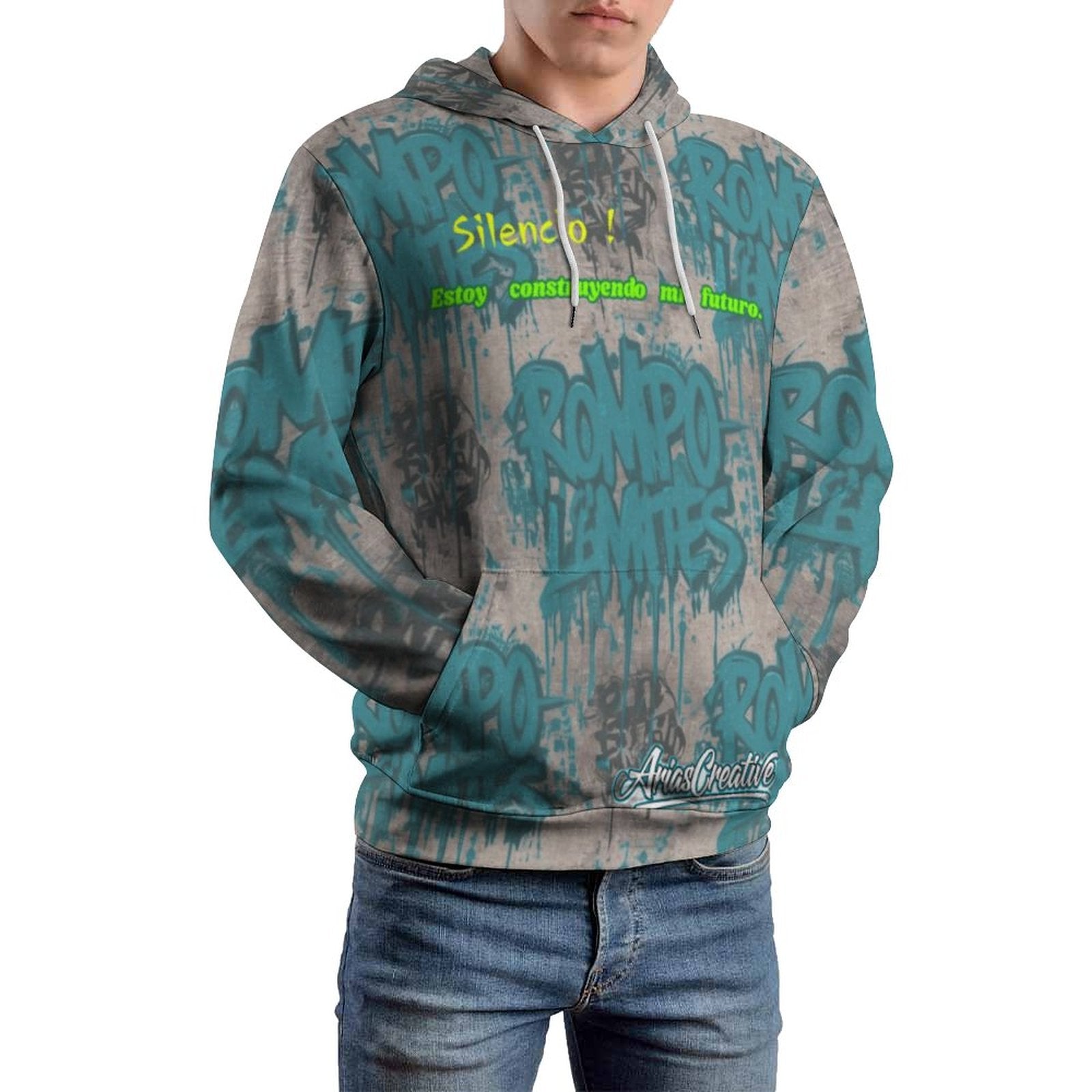 Sudadera con capucha AriasCreative "ROMPO MIS LÍMITES" en estilo streetwear urbano de marca peaprint, color gris con diseño en el frente.