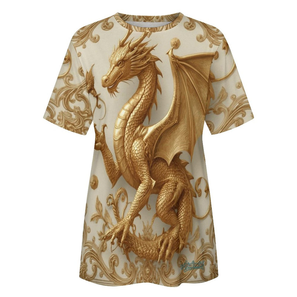 Camiseta de mujer Golden Baroque Dragon de AriasCreative con diseño elegante y detalles dorados en tela suave.
