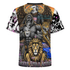 Camiseta manga corta AriasCreative Élite 4 Espíritus en rosa y negro, con diseño gráfico en la parte frontal.