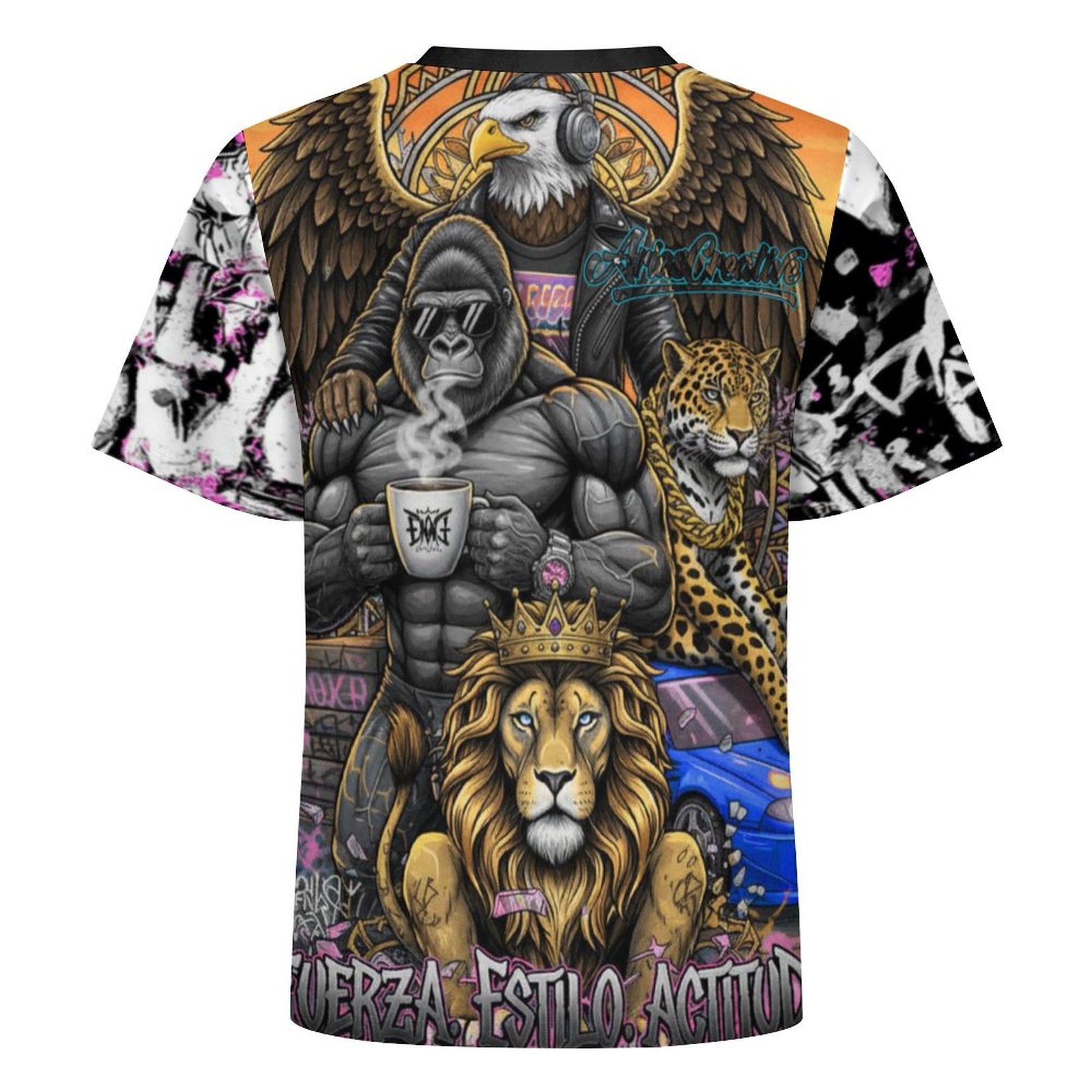 Camiseta manga corta AriasCreative Élite 4 Espíritus en rosa y negro, con diseño gráfico en la parte frontal.