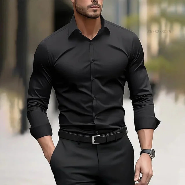 Camisa de hombre de manga larga de fibra de bambú en color liso, cómoda y moderna, de la marca AriasCreative.