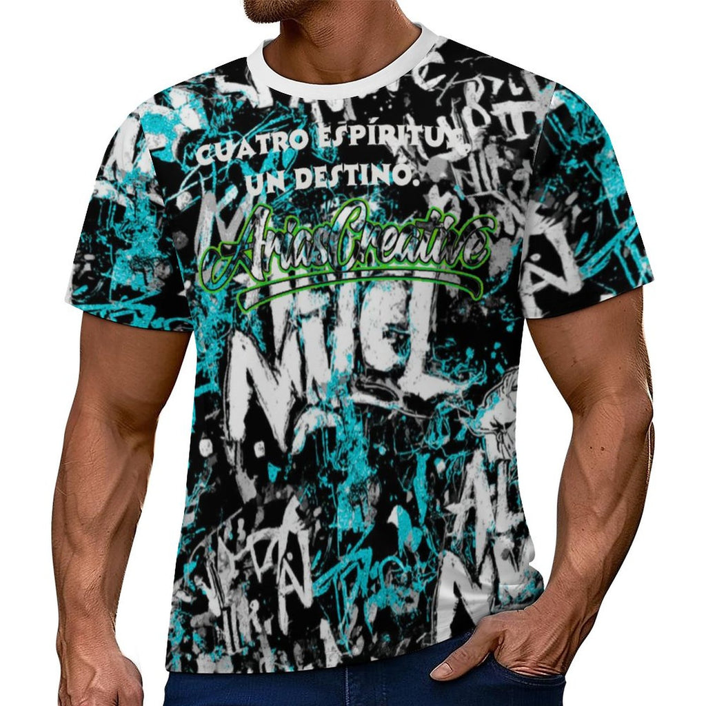 Camiseta manga corta Élite 4 Espíritus de AriasCreative™ en azul y negro, diseño moderno y cómodo para uso casual.