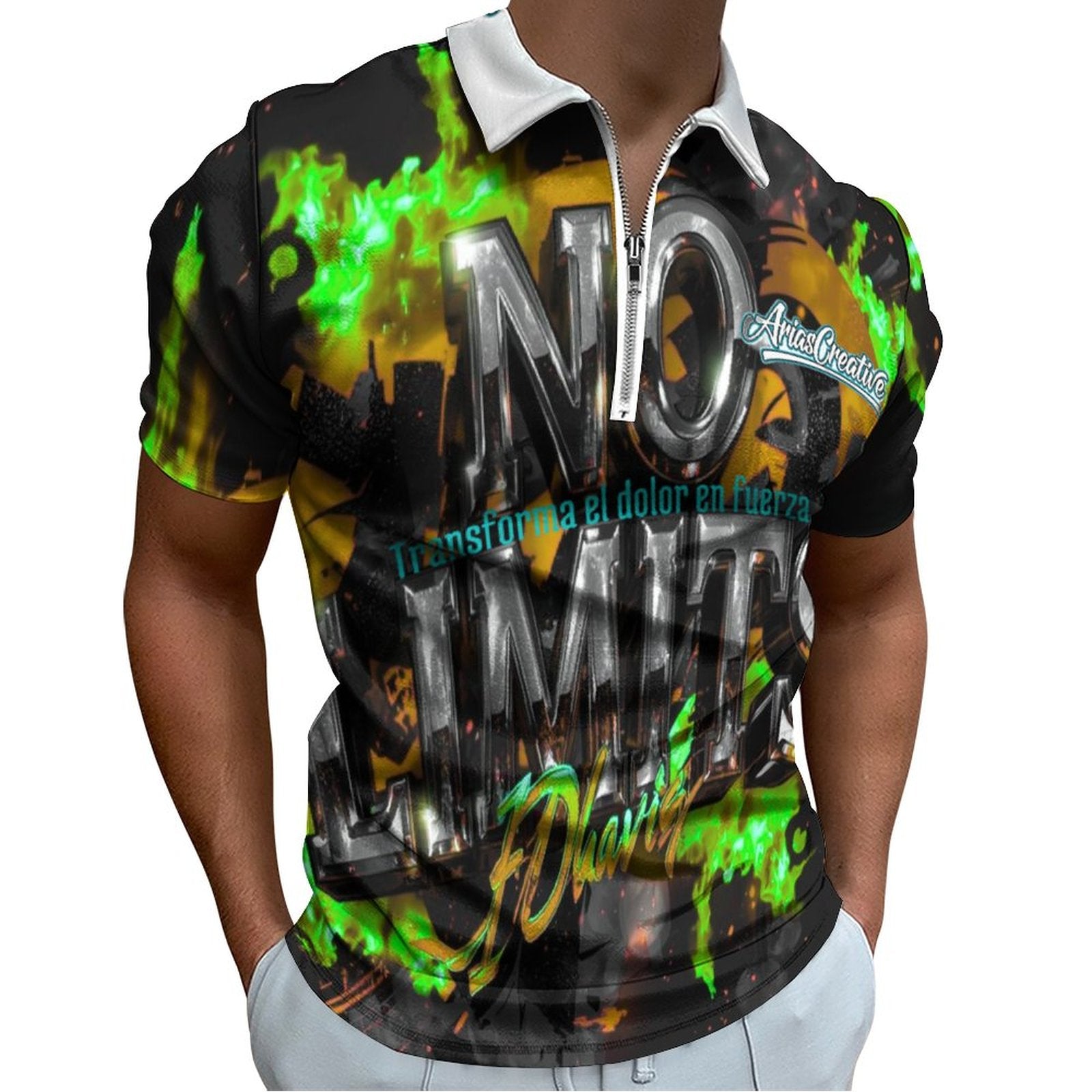 Polo Hombre AriasCreative in green, black, and gray, featuring a stylish streetwear design.