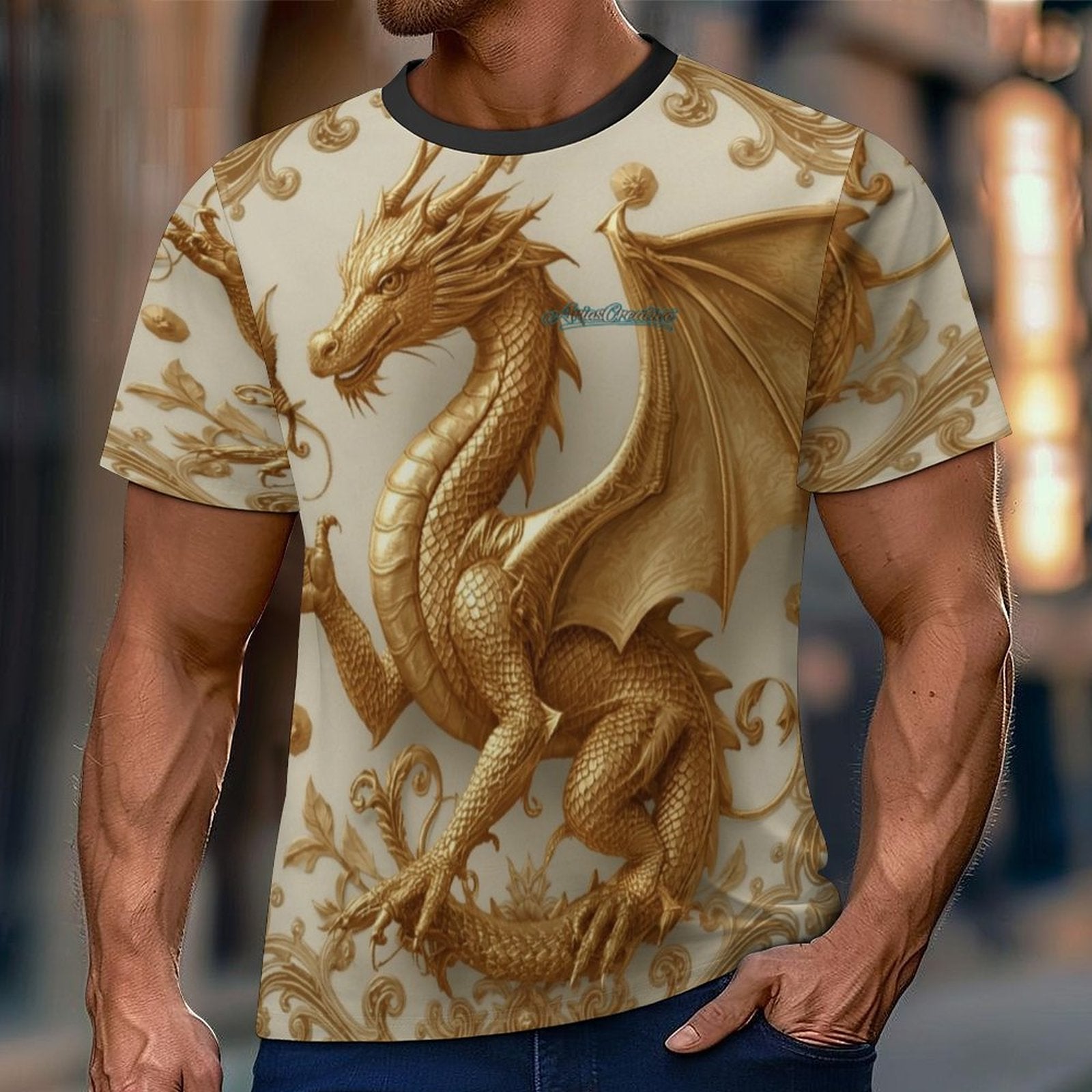 Camiseta manga corta AriasCreative Premium Golden Baroque Dragon con diseño imperial en tejido Sorona, detalles dorados y estilo elegante.
