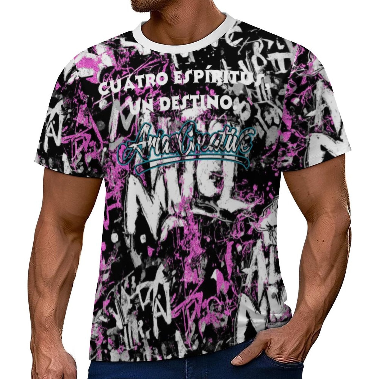 Camiseta manga corta AriasCreative Élite 4 Espíritus en rosa y negro, diseño moderno y colorido para mujer.
