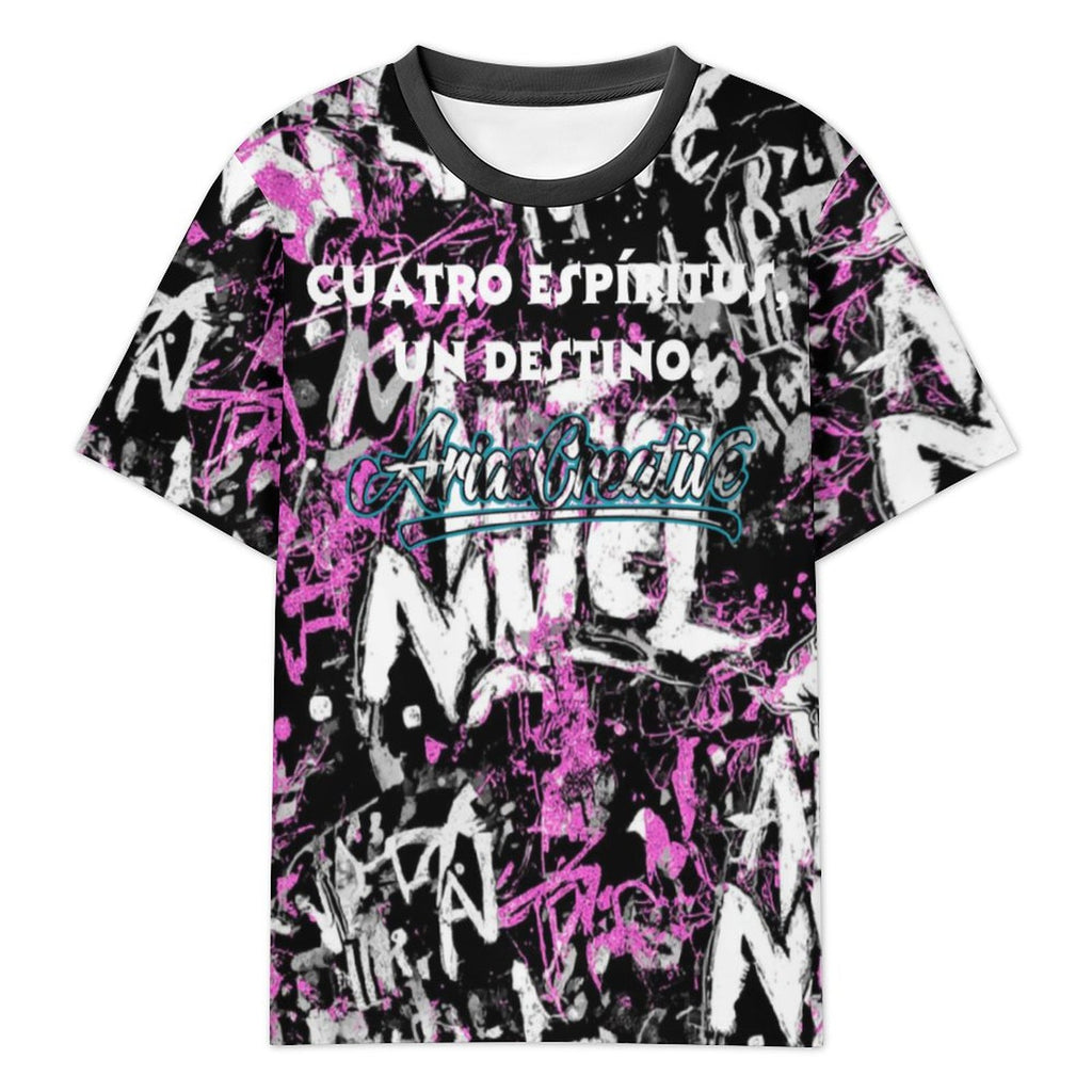 Camiseta manga corta AriasCreative Élite 4 Espíritus en rosa y negro, diseño moderno y estilo deportivo para mujer.