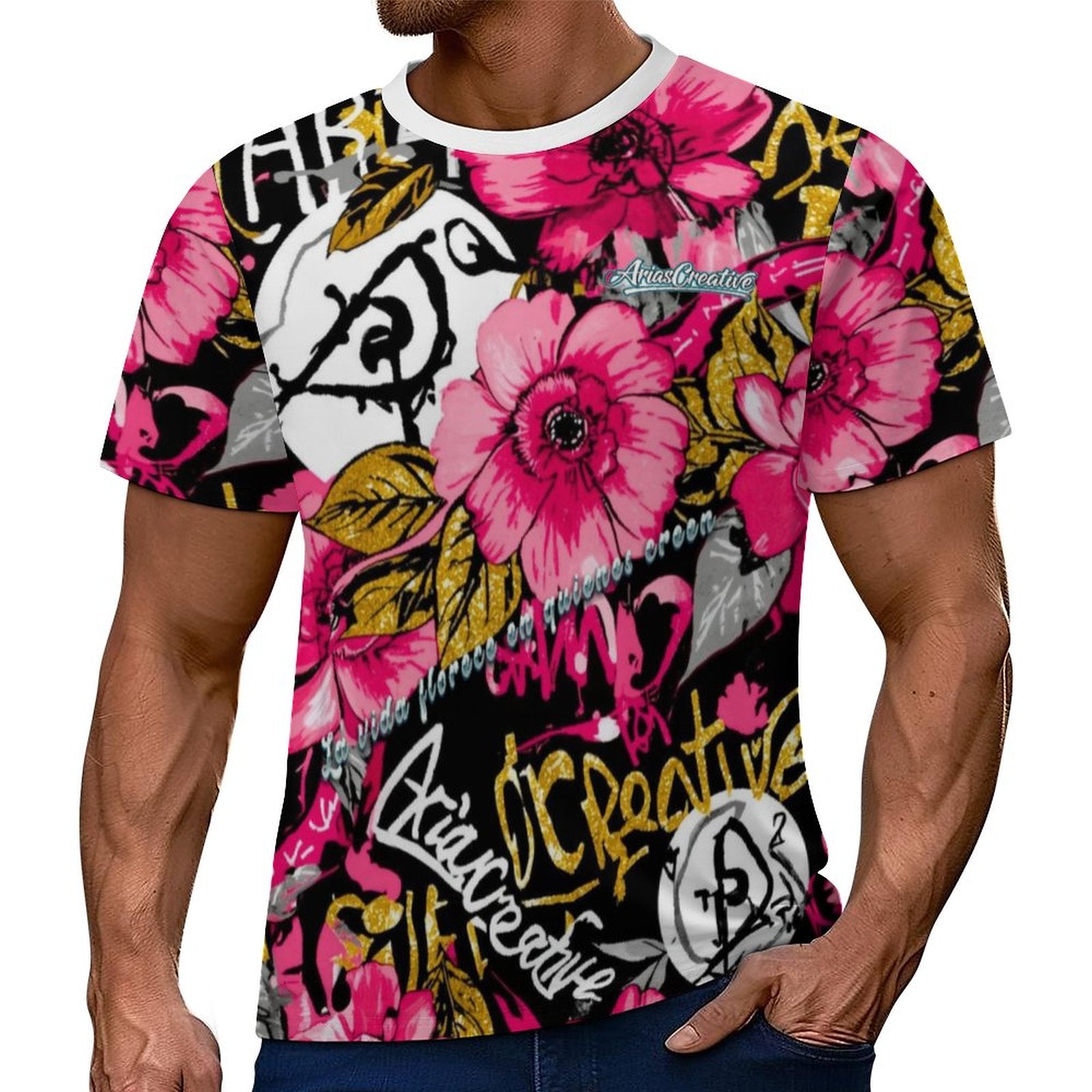 Camiseta manga corta Urban Bloom de AriasCreative con diseño floral y mensaje "Cultiva amor, cosecha felicidad".