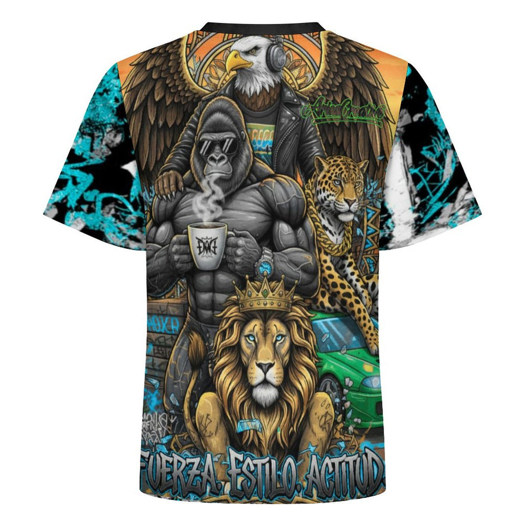 Camiseta manga corta AriasCreative Élite 4 Espíritus en azul y negro, diseño moderno y colorido para hombre