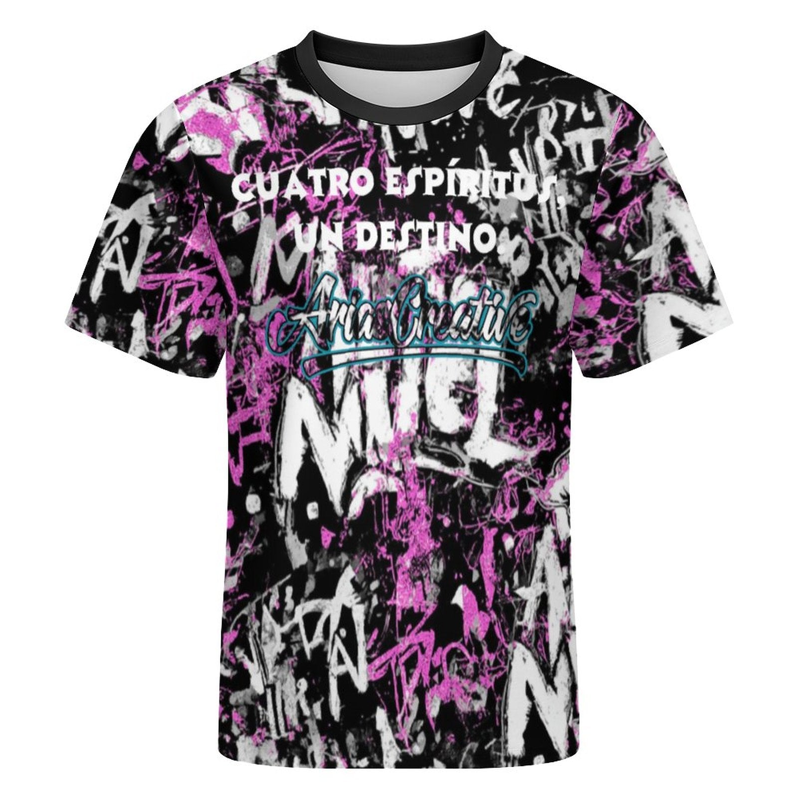 Camiseta manga corta AriasCreative Élite 4 Espíritus en rosa y negro, diseño con detalles estilo moderno y vibrante.