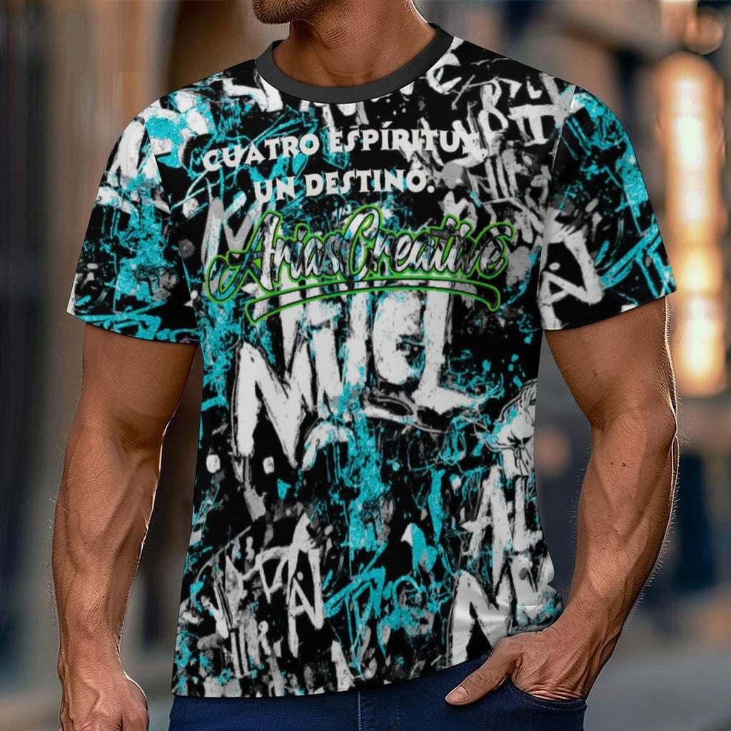 Camiseta manga corta AriasCreative Élite 4 Espíritus en azul y negro, diseño moderno y cómodo para hombres y mujeres.