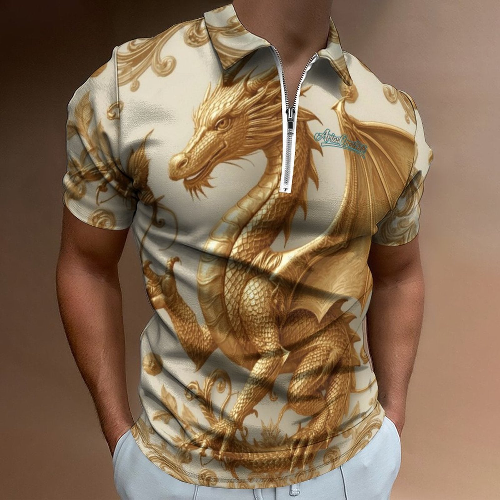 Polo para hombre AriasCreative Premium Golden Baroque Dragon, edición exclusiva, con diseño elegante y detalles en dorado.