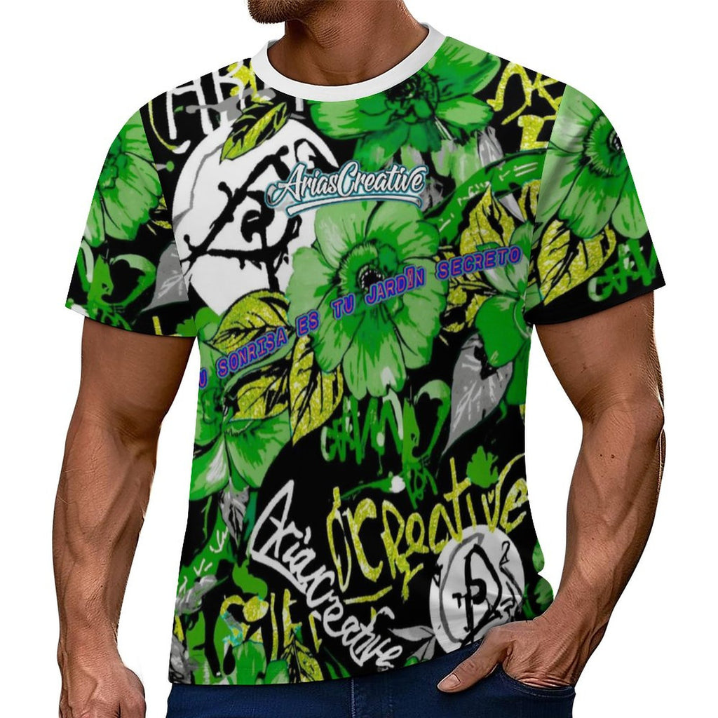 Camiseta verde de manga corta de Peaprint con la frase "Tu sonrisa es tu jardín secreto" en el diseño de Secret Garden.