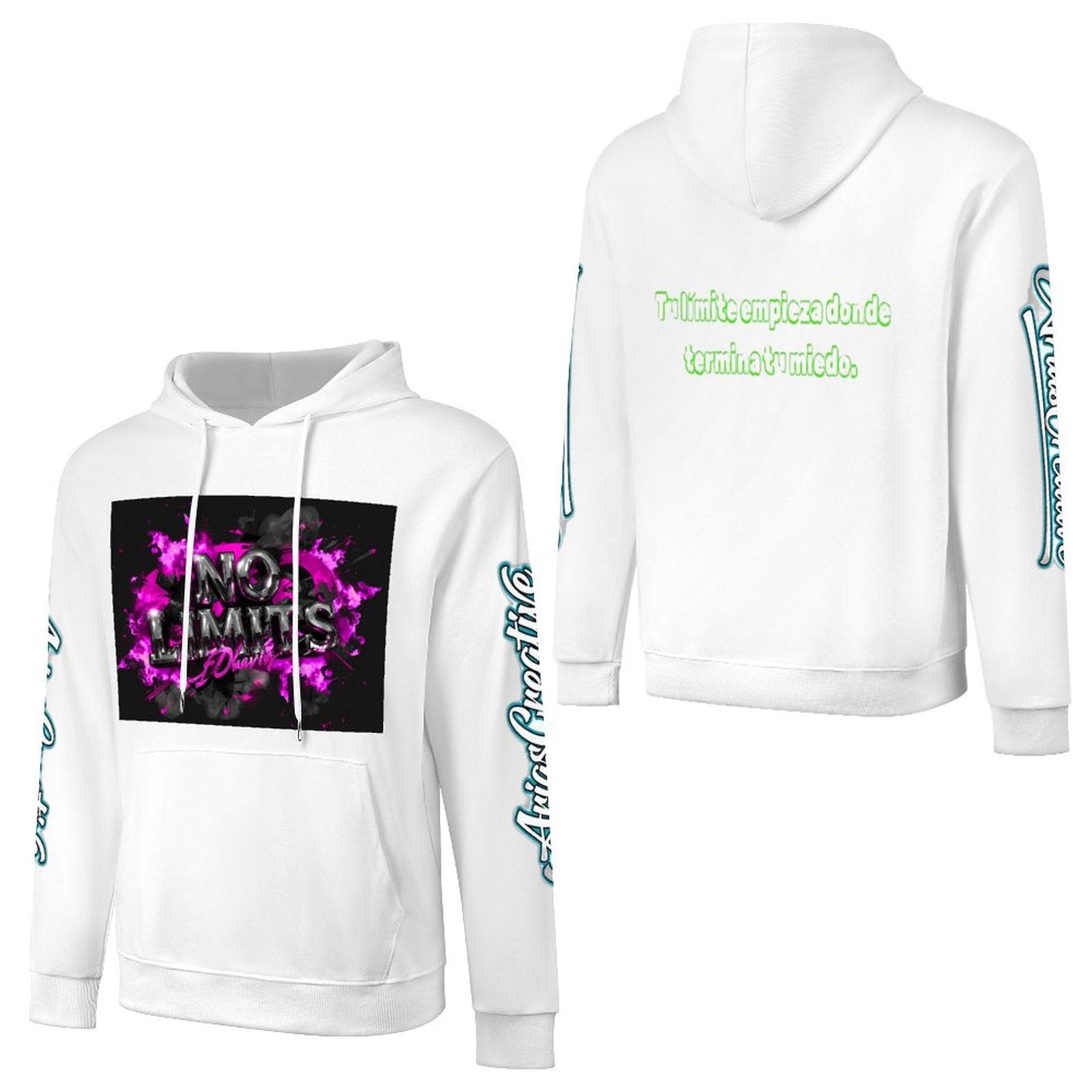 Sudadera de algodón con capucha de AriasCreative, estampado frontal, espalda y manga, estilo streetwear.