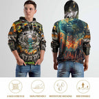 All-over print hoodie by peaprint featuring "Money Rules the World" design with Earth, war, and money motifs.