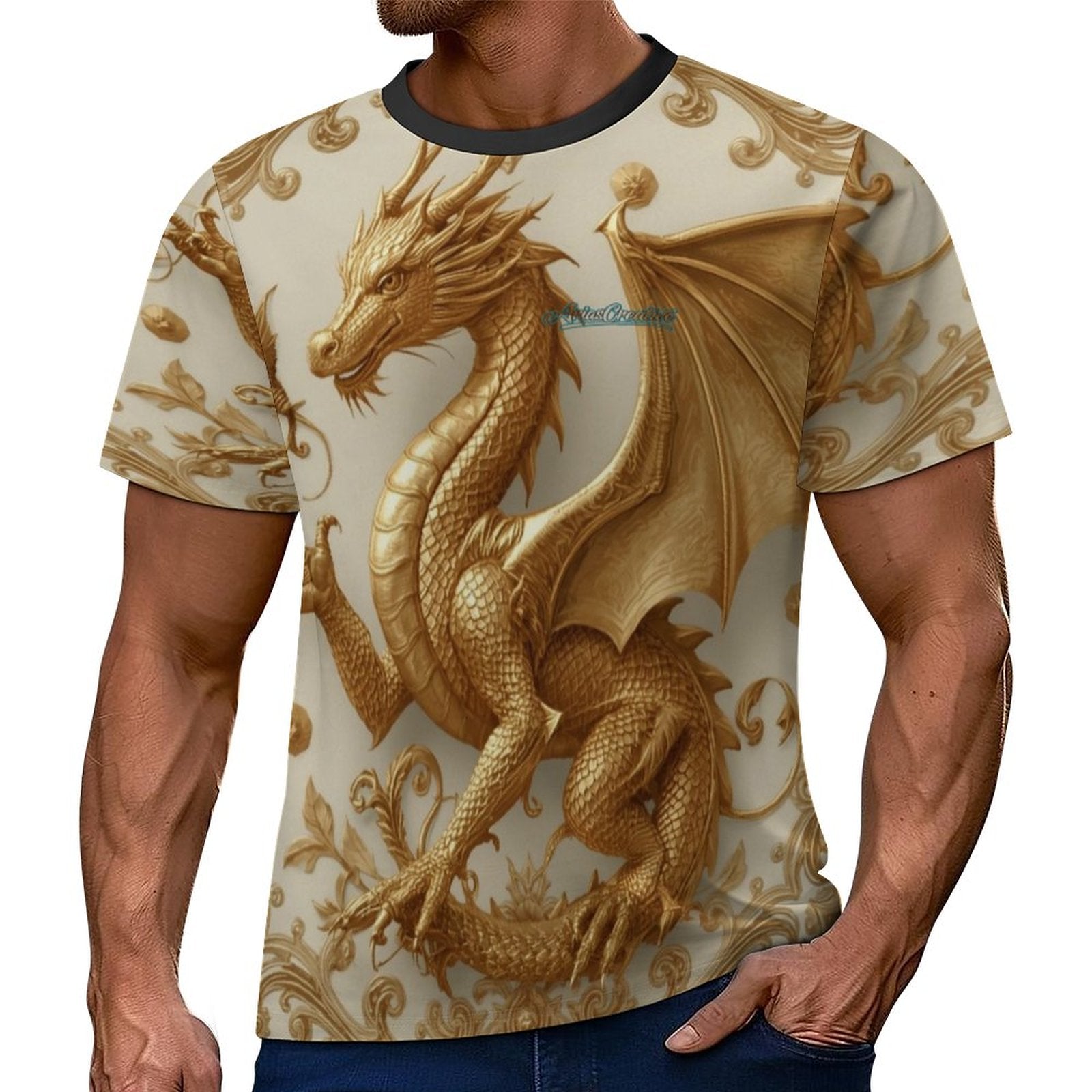 Camiseta manga corta AriasCreative con diseño de dragón baroco dorado y arte imperial en tejido Sorona, estilo elegante y moderno.