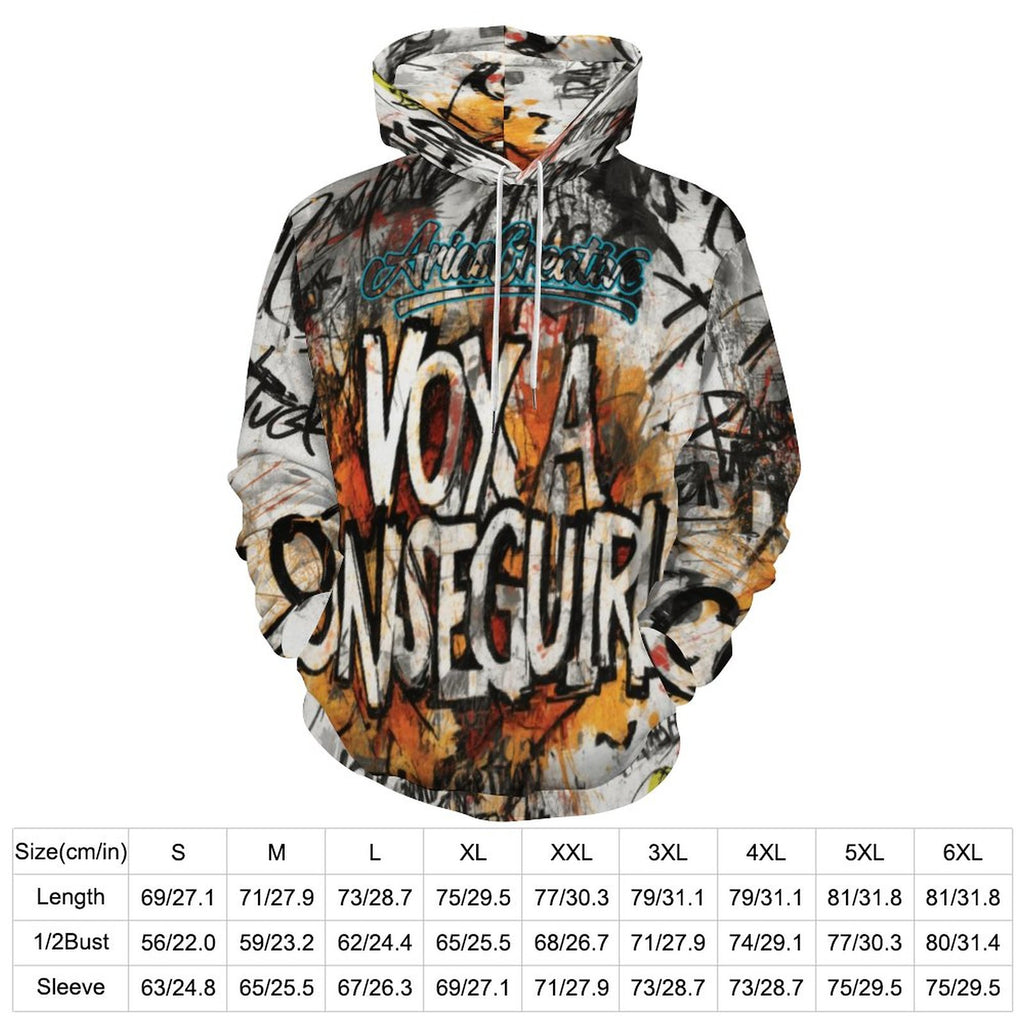 Hombre con sudadera con capucha AriasCreative™ de peaprint, diseño graffiti en impresión integral, estilo streetwear.