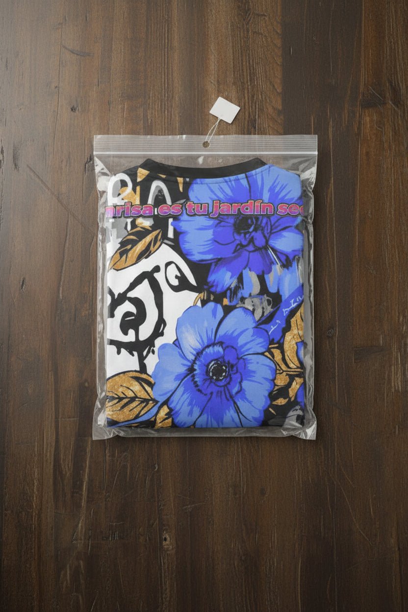 Camiseta manga corta AriasCreative con frase "Tu sonrisa es tu jardín secreto" en diseño moderno y cómodo para mujer.