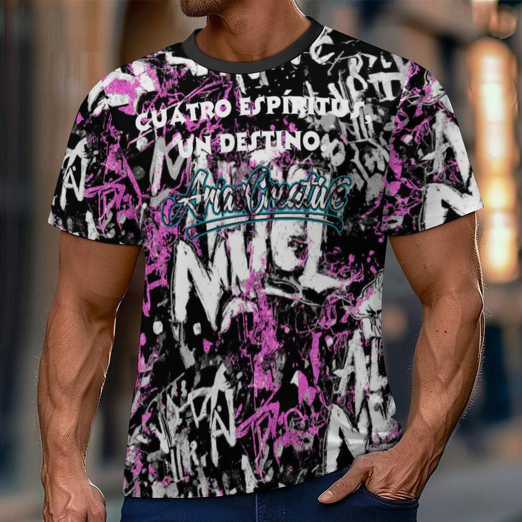 Camiseta manga corta AriasCreative Élite 4 Espíritus en rosa y negro, diseño moderno y colorido, vista frontal.