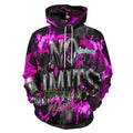Sudadera con capucha de peaprint, diseño graffiti rosa, negro y gris, con frases motivadoras "No Limits" en estilo streetwear.