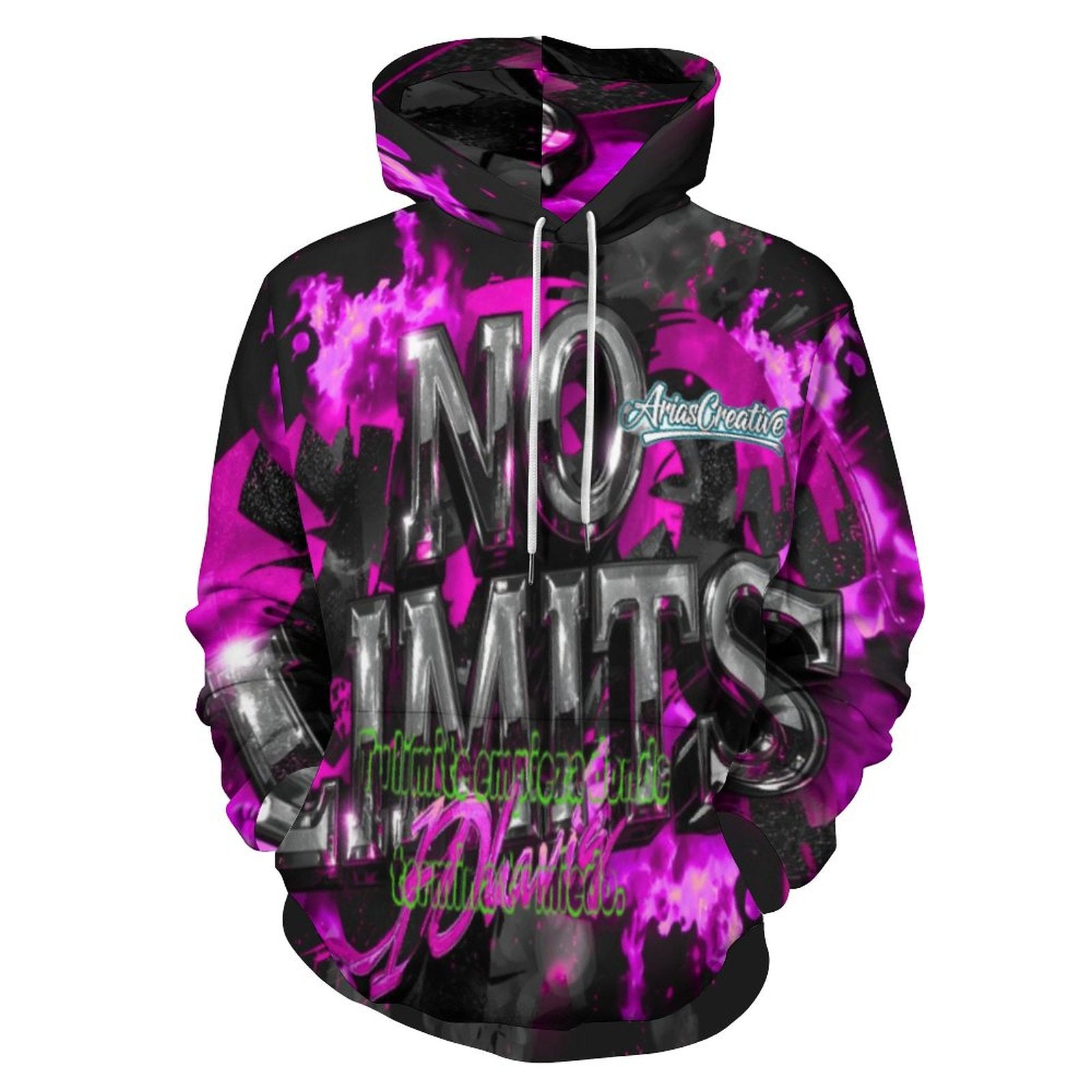 Sudadera con capucha de peaprint, diseño graffiti rosa, negro y gris, con frases motivadoras "No Limits" en estilo streetwear.