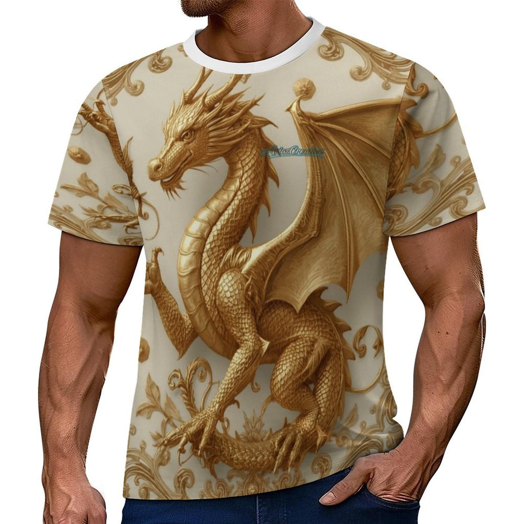 Camiseta de manga corta AriasCreative con diseño de dragón dorado y arte imperial en tejido Sorona, estilo premium y elegante.