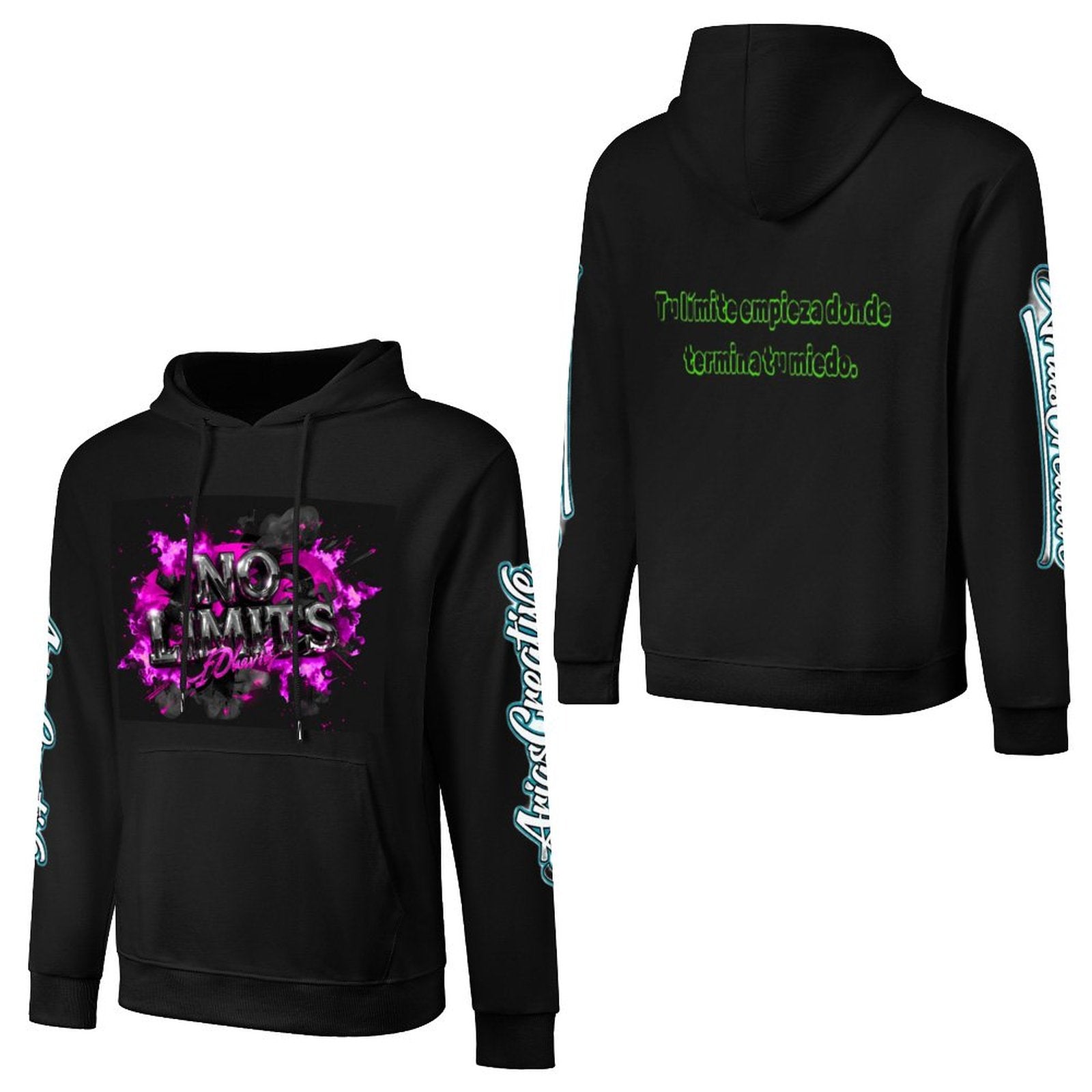 Hombre con sudadera de algodón con capucha de AriasCreative, estampado frontal, trasero y en manga, estilo streetwear.