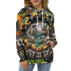 All-over print hoodie featuring urban art design with Earth, war, and money by peaprint, showcasing bold colors and graphics.