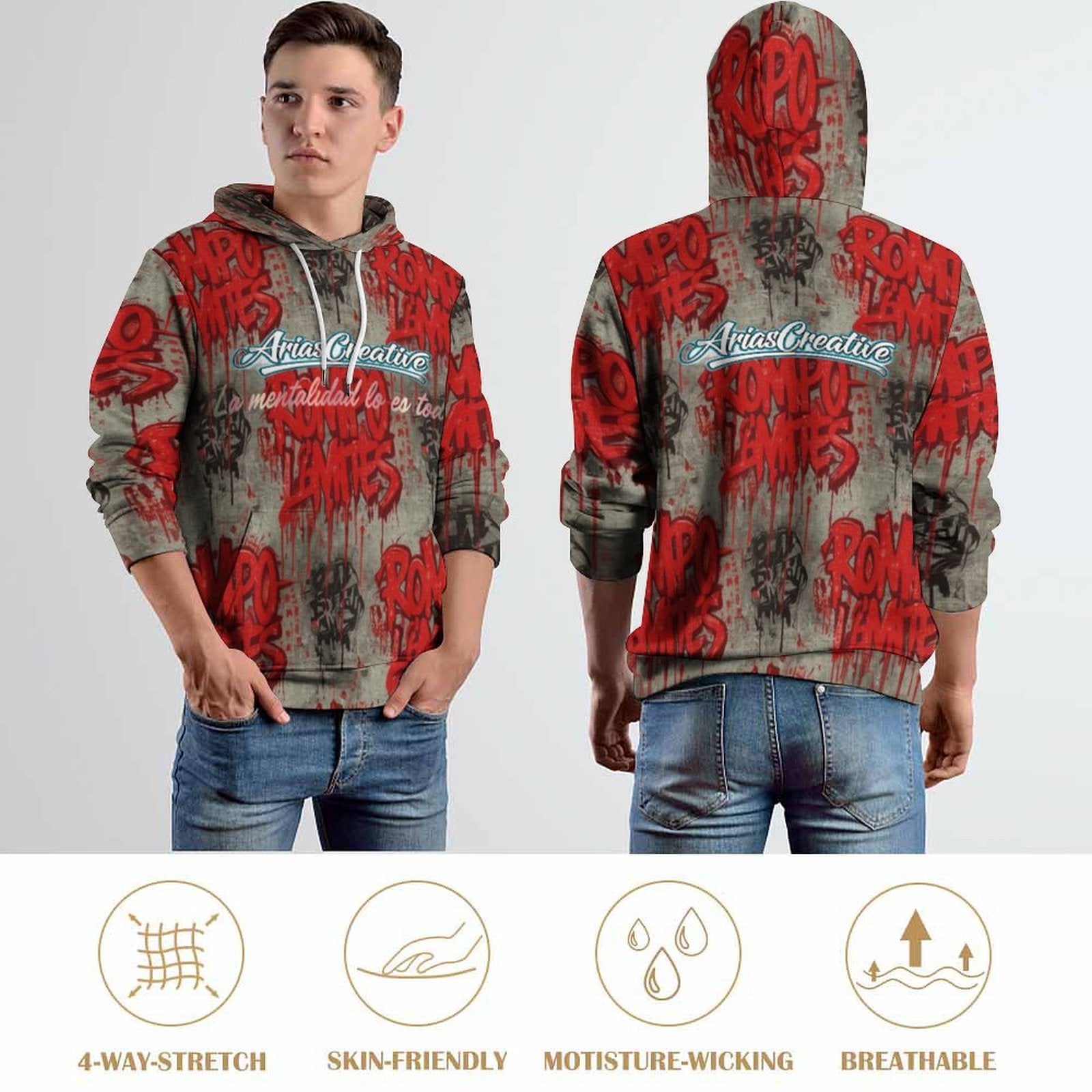Sudadera con capucha AriasCreative "ROMPO MIS LÍMITES" en color rojo y gris, vista frontal.