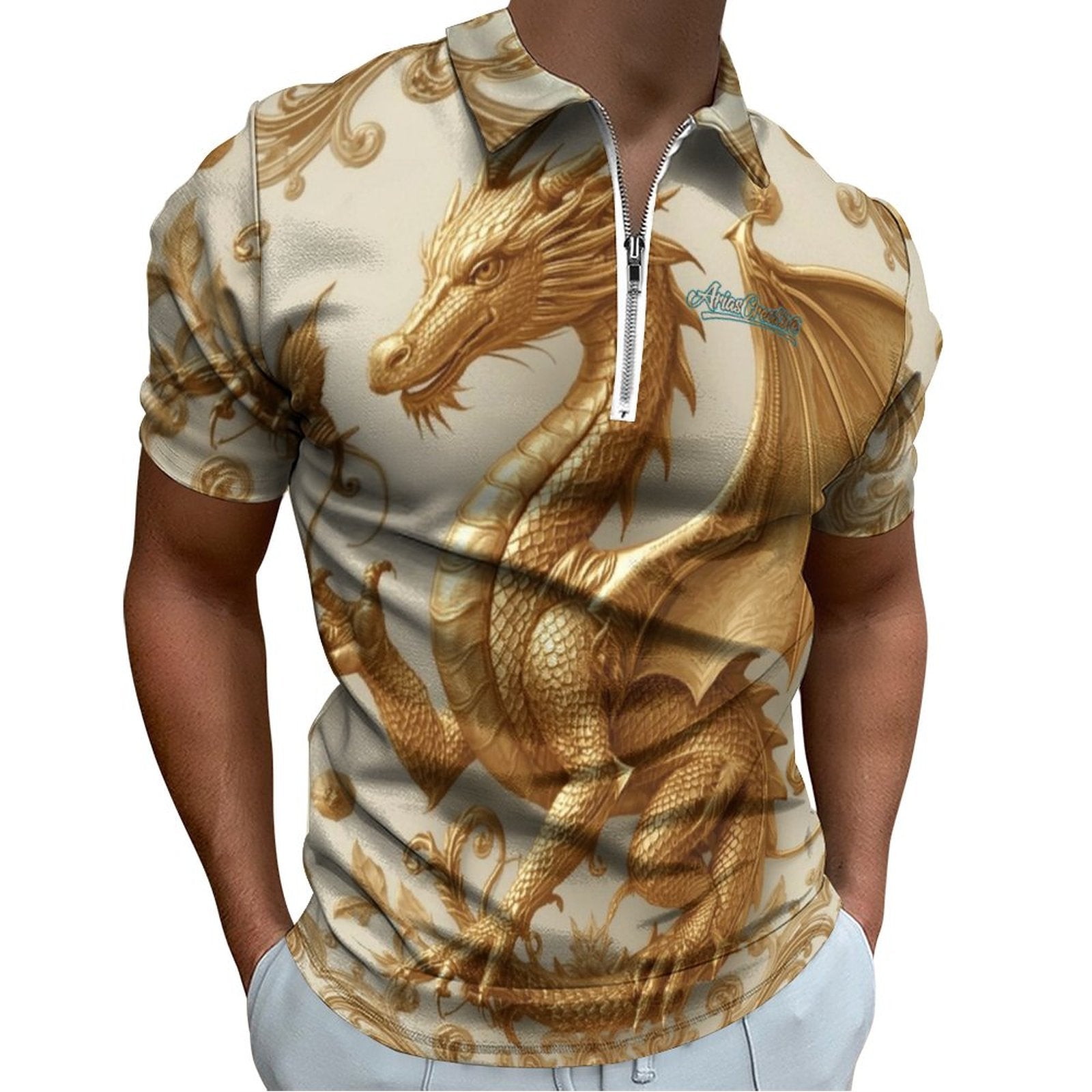 Polo para hombre AriasCreative Premium Golden Baroque Dragon edición exclusiva, con diseño elegante en color dorado y detalles artísticos