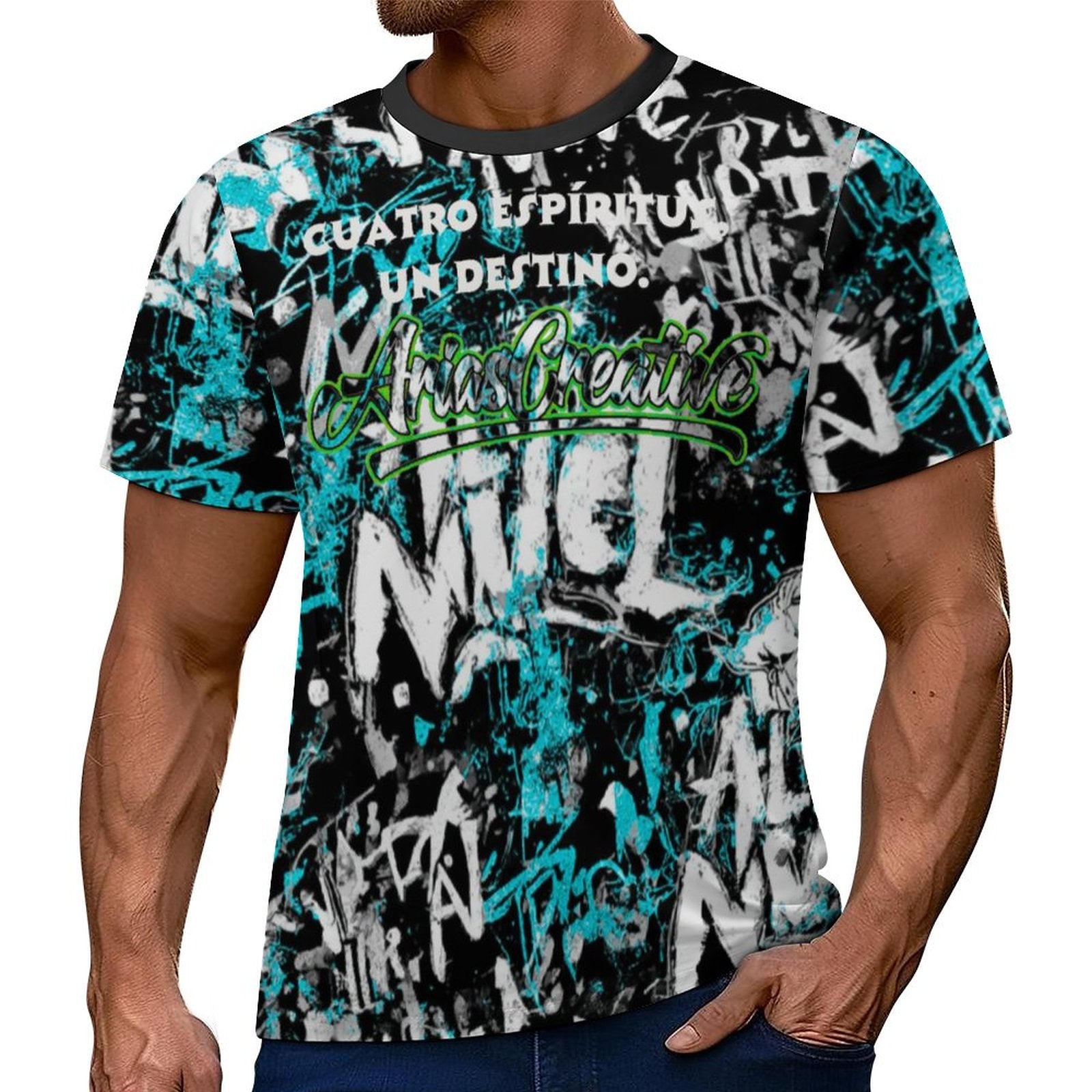 Camiseta manga corta AriasCreative Élite 4 Espíritus en azul y negro, diseño moderno y estilo deportivo para hombre.