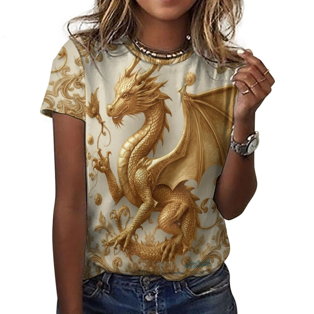 Camiseta mujer Golden Baroque Dragon de AriasCreative con diseño dorado y detalles elegantes, ropa moderna y original.
