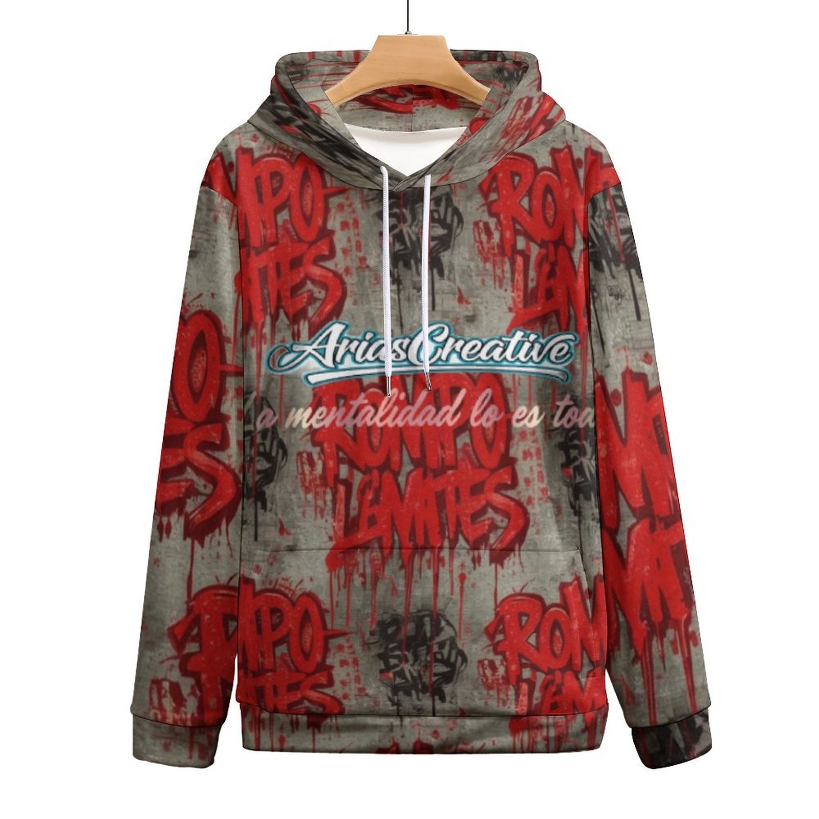 Sudadera con capucha AriasCreative "Rompo mis límites" en rojo y gris, con diseño de estilo streetwear.