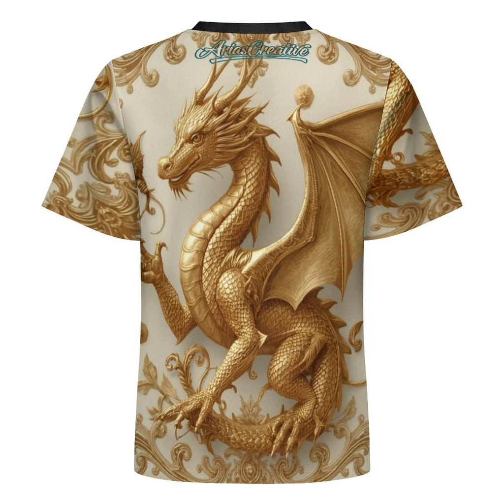 Camiseta manga corta AriasCreative Premium Golden Baroque Dragon con diseño de dragón y arte imperial en tejido Sorona.