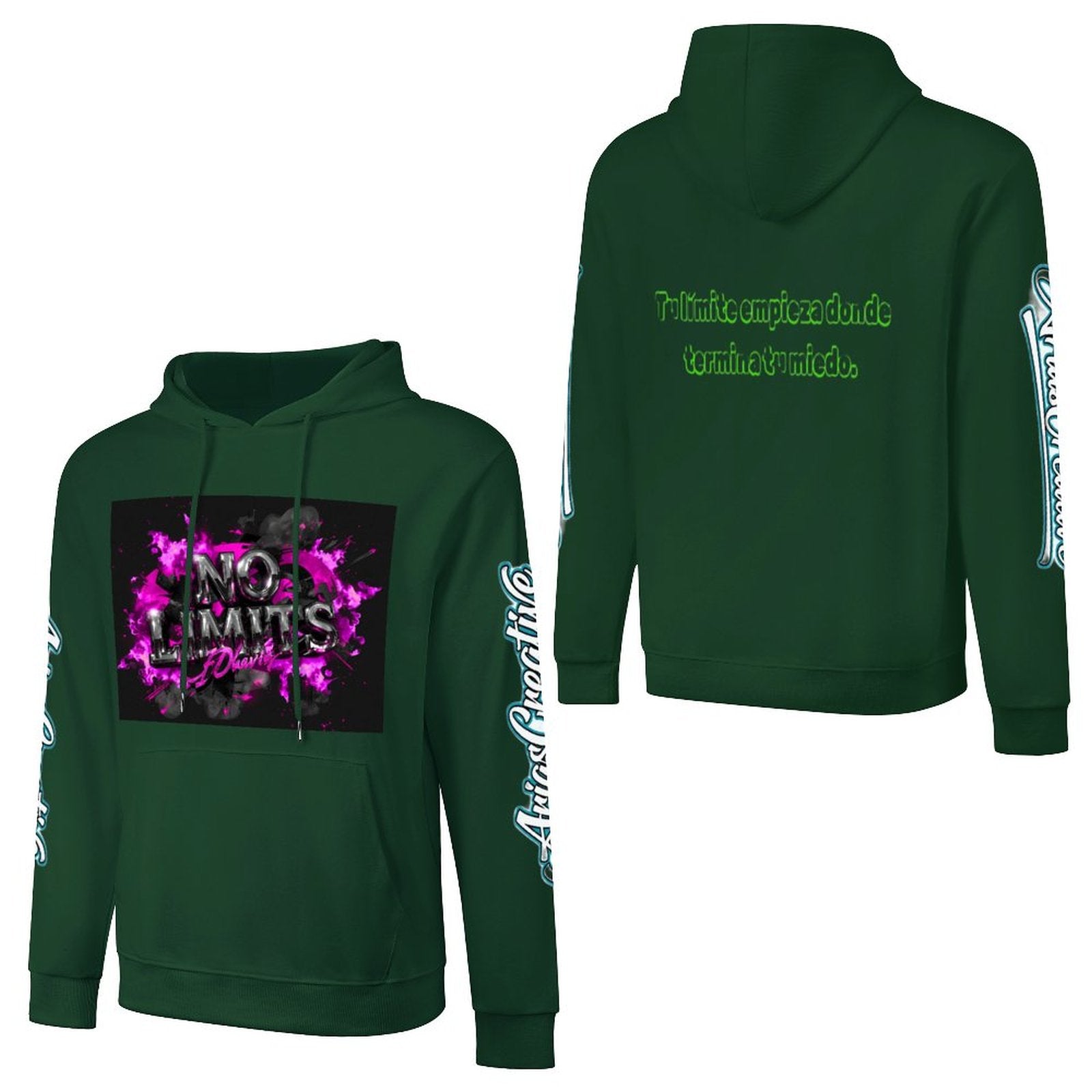 Hombre sudadera de algodón con capucha de AriasCreative, estampado DTF en frontal, espalda y manga, estilo streetwear.