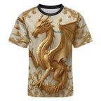 Camiseta manga corta AriasCreative con diseño de dragón dorado y arte imperial en tejido Sorona, estilo premium y moderno.