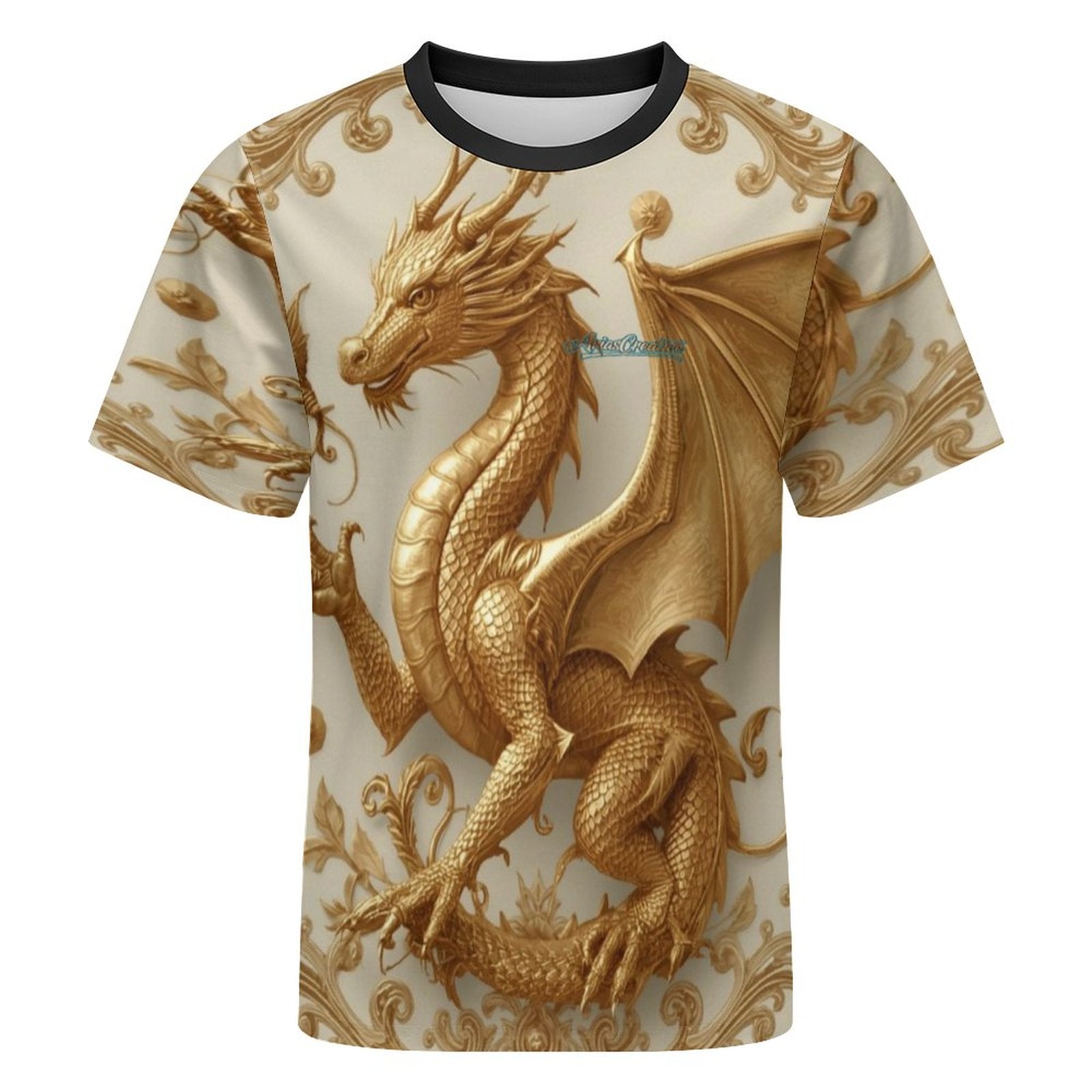 Camiseta manga corta AriasCreative con diseño de dragón dorado y arte imperial en tejido Sorona, estilo premium y moderno.