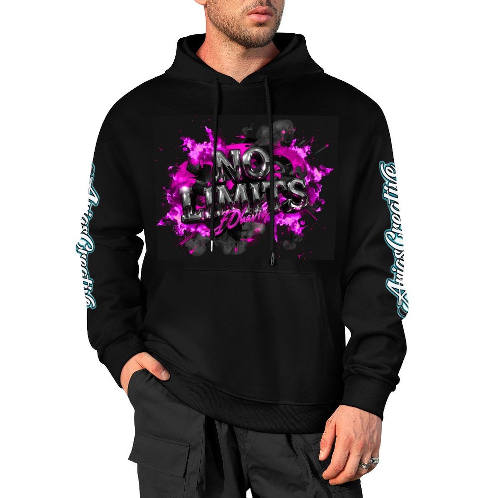 Hombre sudadera hoodie de algodón peaprint con capucha, bolsillo y estampado frontal, espalda y manga.