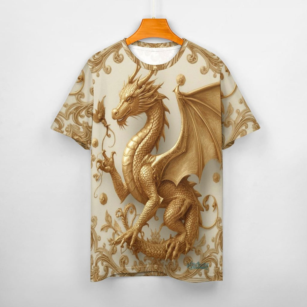 Camiseta mujer Golden Baroque Dragon de AriasCreative con diseño elegante y detalles dorados en la tela.