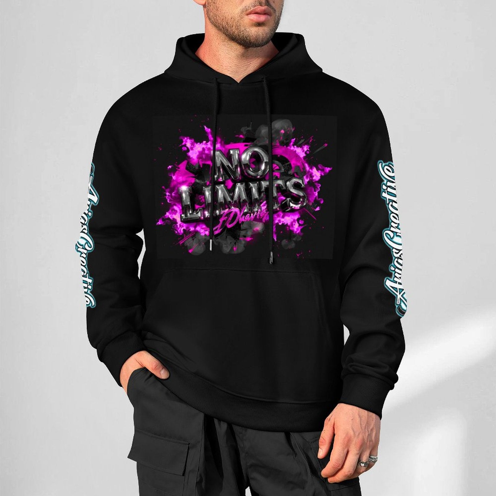 Hombre sudadera hoodie de algodón de AriasCreative con capucha, bolsillo y estampado en frontal, espalda y manga.