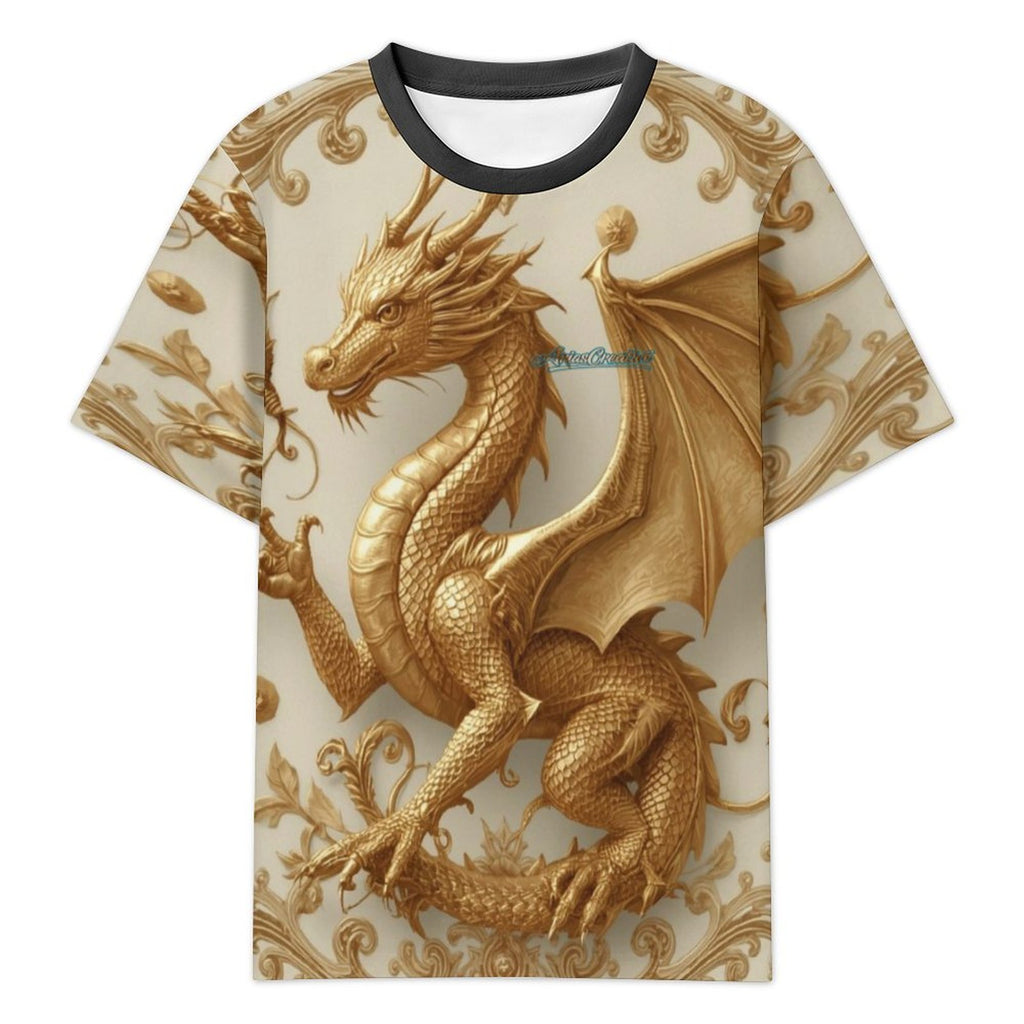 Camiseta manga corta AriasCreative Premium Golden Baroque Dragon con diseño de dragón barroco en tejido Sorona, arte imperial en la prenda