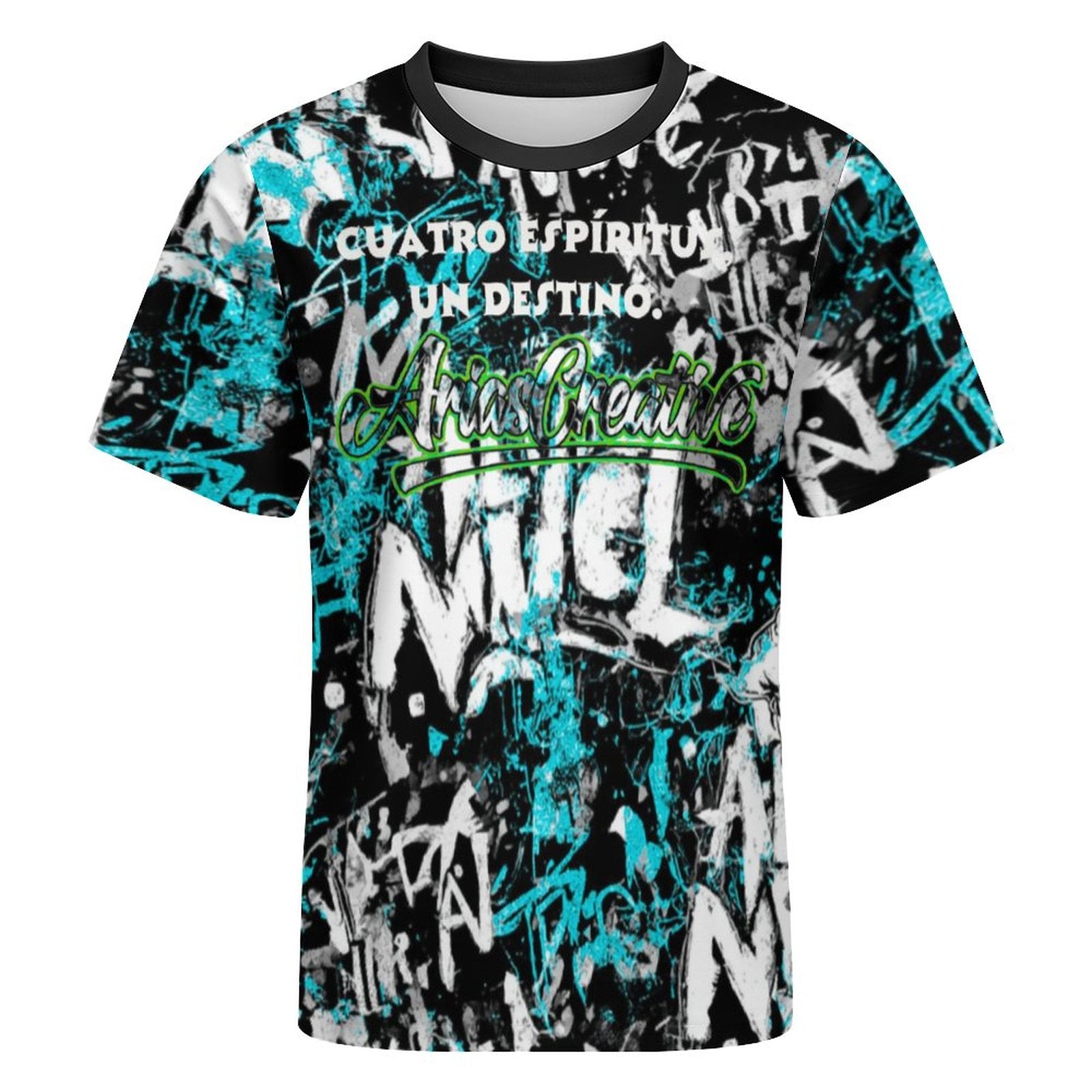 Camiseta manga corta Élite 4 Espíritus de AriasCreative en color azul y negro, con diseño gráfico visible en la imagen.
