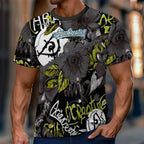 Camiseta de manga corta AriasCreative Inner Bloom gris con detalles dorados y frase "El camino florece desde dentro" en el frente.