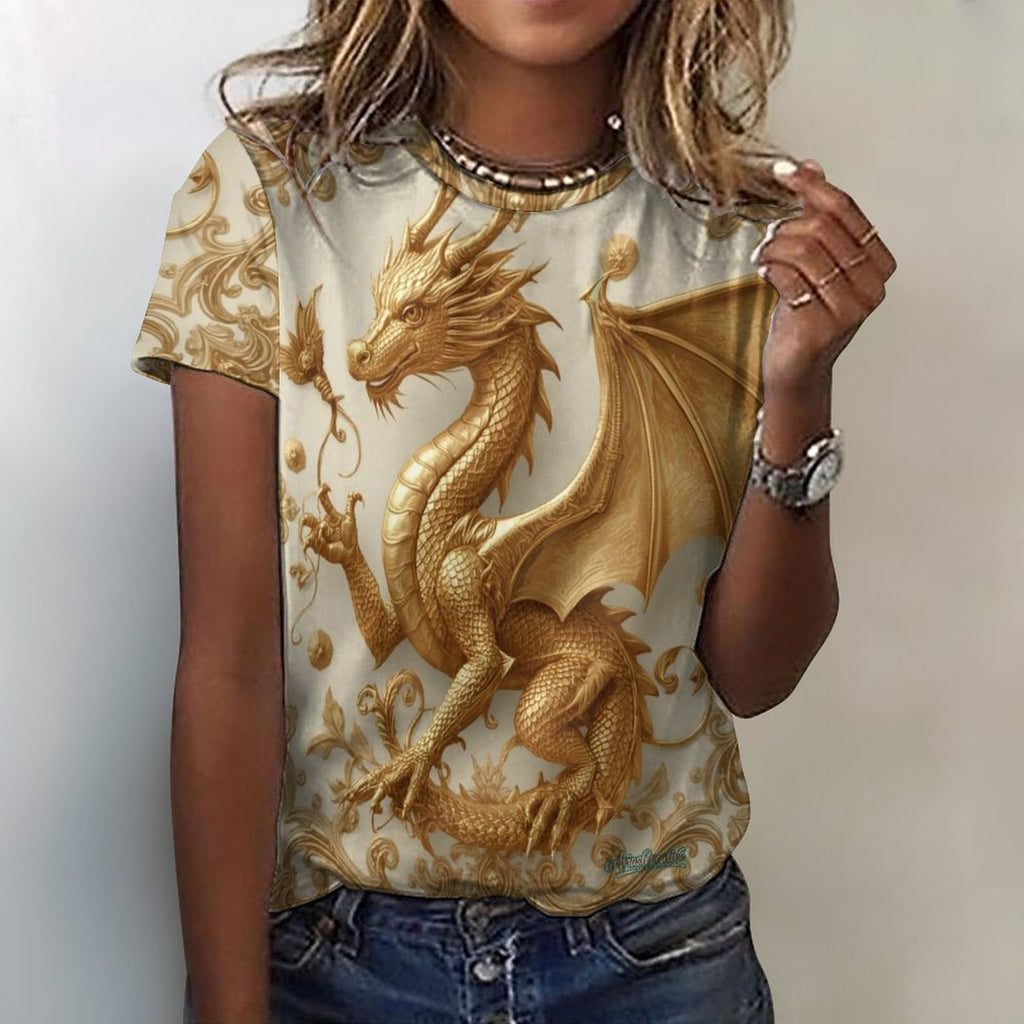 Camiseta mujer Golden Baroque Dragon de AriasCreative, diseño especial con estampado dorado y detalles elegantes en tela suave