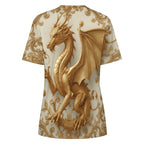 Camiseta para mujer Golden Baroque Dragon de AriasCreative con diseño elegante y detalles dorados en la tela.