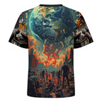 Camiseta corta de peaprint con estampado "Money Rules the World" y arte social urbano en fondo colorido.